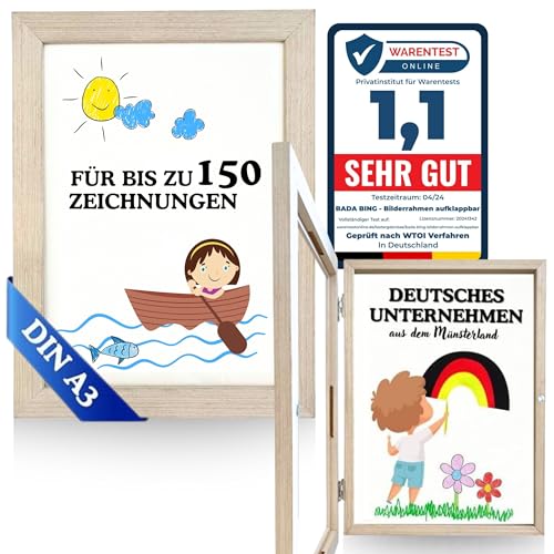 Bada Bing Marco de fotos A3 para dibujos infantiles, aspecto de madera, plegable con apertura frontal, hasta 150 imágenes, rellenable, marco para recoger