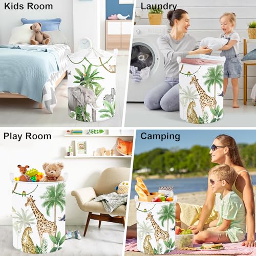 Image of Clastyle Tropical Jungle Animals Baby Laundry Hamper Palm Tree Kid Storage Basket Boys Girls Gift Toy Box Collapsible Clothes Organizer Nursery Bin for Bedroom, Giraffe, 36 * 45 cm