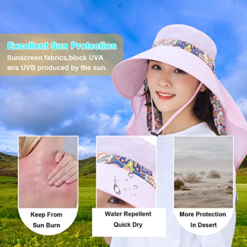 Image of Women Wide Brim Face Mask Sun Hat Detachable Neck Face Flap Ponytail UV Protection Visor Hat Garden Fishing Hiking