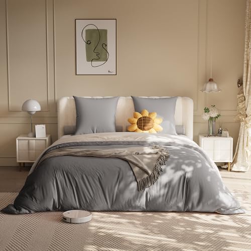 KeepGoon Bettwäsche (1 x Bettbezug, 1 x Spannbettlaken, 2 x Kissenbezüge) für Bett 160 x 200 cm, vierteiliges Bettwäsche-Set, 160 x 200 cm, komplett (dunkelgrau + hellgrau)