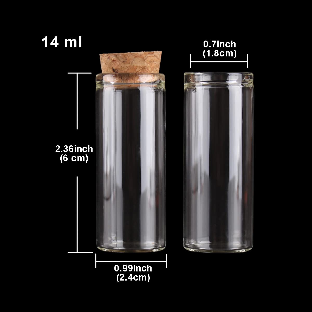 Szklane probówki, Opakowanie 24 szklanych probówek z korkami o średnicy mm i wysokości 3-6 cm. Pojemność 8-14 ml
