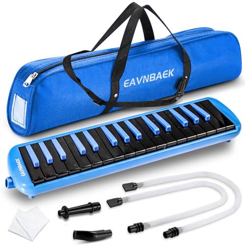 Eavnbaek 32 Keys Melodica Instrument, Soprano Melodica Air Piano Keyboard Pianica with 2 Soft Long Tubes, 2 Short Mouthpieces and Carrying Bag (Black+Blue)