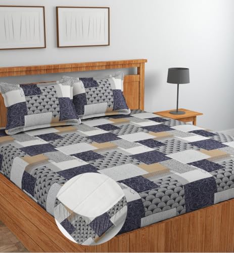 Image of NEW LEAF Glace Cotton Fitted King Size Double Bedsheets with 2 Pillow Covers | Elastic Fitted | Wrinklefree | Ultrasoft |Winter Bedsheet 220 tc tc Floral | 78 x 72+10 Inches, Black Grey