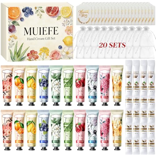 Crema de Manos Regalo, Crema Hidratante para Manos, 20 Set (80 Piezas)- Mini Crema de Manos, Mascarillas de Aceite de Coco, Bolsitas de Organza y Tarjetas de Agradecimiento, Set de Regalo para Mujer