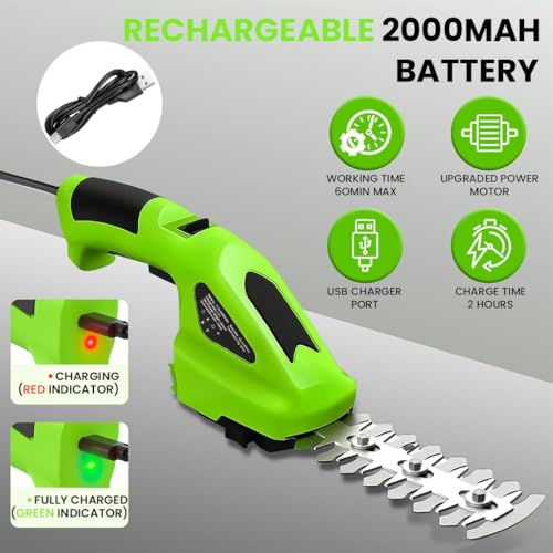 Image of HASTHIP 2 in 1 Handheld Cordless Grass Shear Weed Cutter with 2 Interchangeable Blades Multipurpose USB Rechargeable Handheld Grass Hedge Clipper