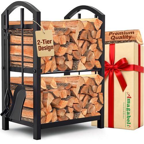AMAGABELI GARDEN & HOME Firewood Rack Indoor with Tools 5-Piece Fireplace Tools Set Wood Holder...