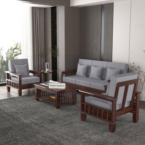 Image of Sheesham Wooden 5 Seater Sofa Set for Living Room | Rosewood Cushion Sofa with Side Newspaper Holder for Home & Office | Solid Wood Sofa Set for Lounge (Walnut, 3+1+1 Seater)