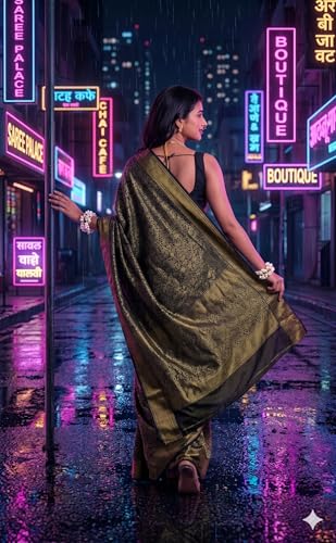 Image of Flosive inchWomen's Soft Silk Banarasi Style Saree with Rich Pallu, Gold Zari Work, Elegant Saree with Blouse Piece inch