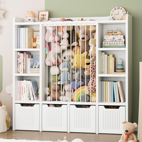 Image of ONBRILL Toy Storage Organizer, Toddler Stuffed Animal Storage, Kids Toy Shelf with 6 Open Cubbies & 4 Movable Toy Chest, Bookshelf for Kids Room Playroom Bedroom Nursery (White)