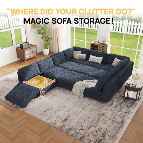 Image of Oversized Modular Sectional Chenille Sofa Bed with Hidden Storage, Comfy Modern 10 Seater Deep Seat Couch, Modular Sectional with Ottoman and Removable Cover for Living Room, Apartment, Black