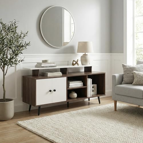 Image of Icon TV Entertainment Unit with Elevated Soundbar Shelf & Storage Cabinet, Modern Media Console for Living Room up to 55 Inch TV, 140x40x64cm (Dark Oak & White)