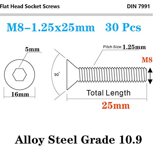 Image of 30 Pcs M8-1.25 x 25mm Flat Head Socket Cap Screws, Alloy Steel Grade 10.9, DIN 7991, Allen Socket Drive,Hex Drive,Black Oxide Finish (M8-1.25 x 25mm)