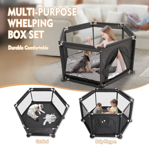 Sechseckige Welpenkiste für extra hohe Hundewelpen, Laufstall + Welpen-Auflage für große und kleine Rassen, Welpen-Zubehör, unverzichtbar für Hunde, Welpen, 122 x 65 cm, Schwarz