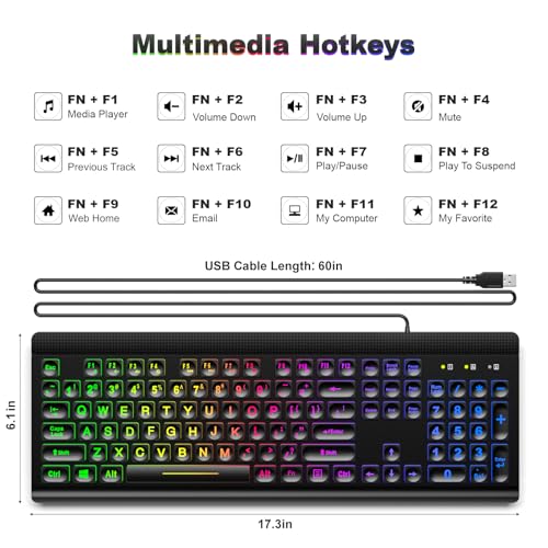 Image of Atelus Large Print Backlit Keyboard, USB Wired Computer Keyboard, Full Size Keyboard with Rainbow Illuminated LED Compatible for Windows Desktop, Laptop, PC, Gaming, Black