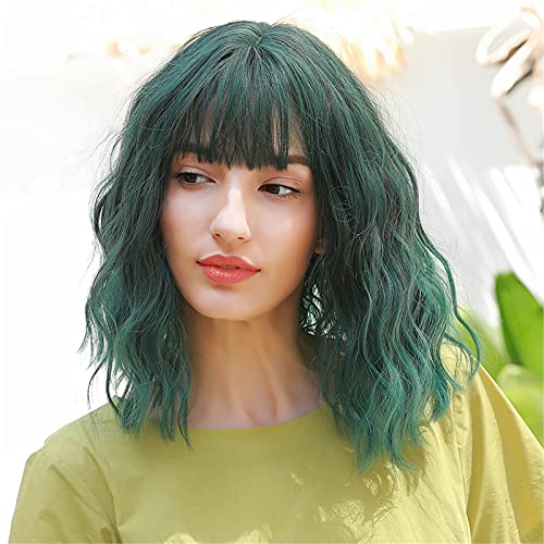 Souizic Short Green Wigs with Air Bangs Heat Resistant Fiber Synthetic Pastel Curly Wave Bob Wig Shoulder Length Colored Wigs for Women Cosplay Party Wig 12 Inch (Mix Green)