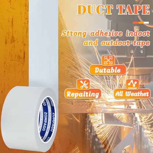 Image of ZOMPAGO White Duct Tape Heavy Duty, 2.4in x 66FT, Tearable Strong Adhesive Waterproof Seal Tape for Indoor Outdoor Use, Multi Purpose for Packaging, Bundling, Repairs, Carpet Seaming, Crafts