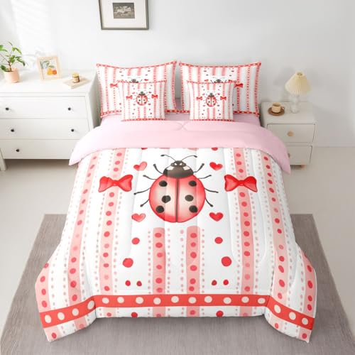 Image of Castle Fairy Cute Ladybug 7 Pcs Full Size Comforter Set Girly Romantic Style Bedding Sets Red Pink Bow Polka Dots Stripes All Season Comforter,Flat Sheet,Fitted Sheet,2 Pillowcases,2 Pillow Covers