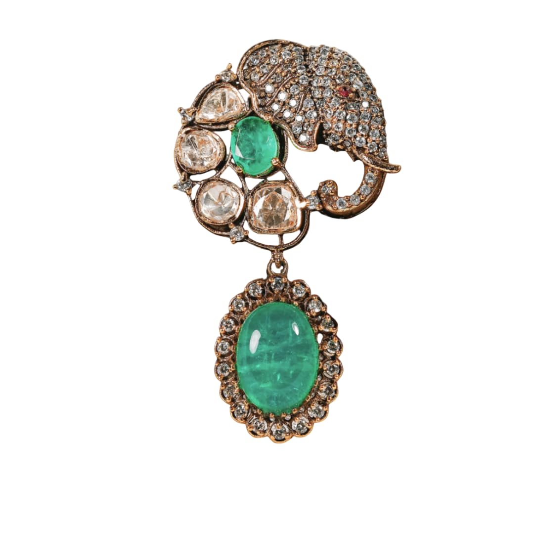 Elephant Motif Polki Brooch for Women | Gold Finish Brass Brooch with Intricate Elephant, Polki Style & Green Tone Center Accent, Pin Back Closure | Traditional Ethnic Jewellery for Wedding-image-38