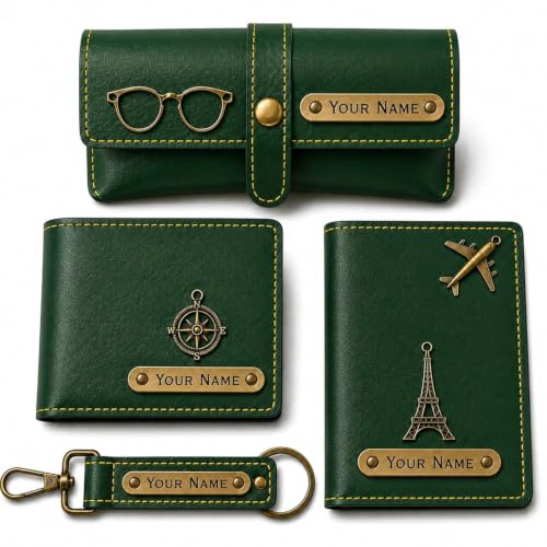 Image of Customized Wallet Combo Gift Set for Men | Faux Leather Wallet, Passport Cover & Keychain with Name & Charm | Personalized Gift for Birthday, Rakhi & Anniversary (Green wkps)