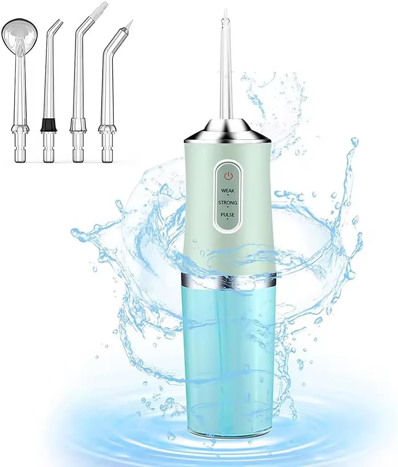 Water Dental Flosser, 22 Professional IPX7 Waterproof USB Rechargeable Cordless Water Flosser Dental Oral Irrigator with 4 Jet Tips (Green)