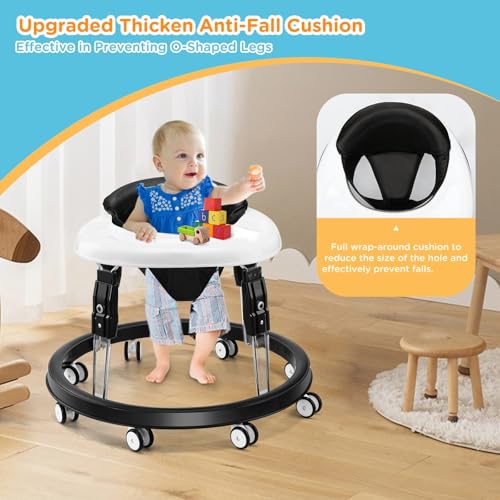 baby walker with wheels one-touch folding anti-roll 8-wheel baby walkers 7-speed height adjustment with large dinner plate and brake 6-18 months baby walker black