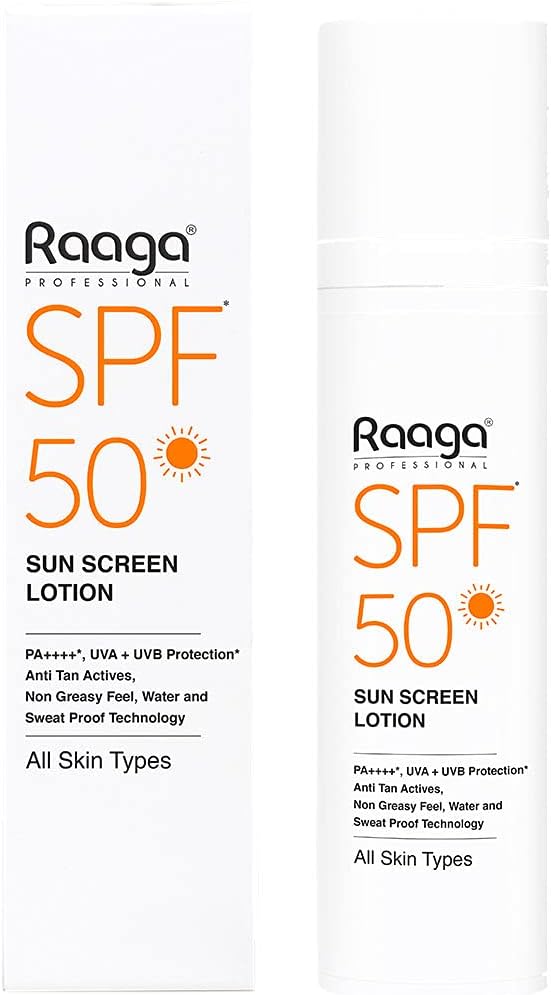 Raaga Professional SPF 50 PA++++ Sunscreen Lotion with UVA + UVB Protection, Anti Tan Actives, Non Greasy, Water and Sweat Proof Technology, All Skin Types, 80 ml