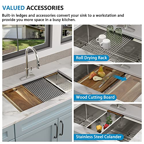 Image of 36 Undermount Kitchen Sink - Fulorni 36 inchx19 inch Kitchen Sink Ledge Workstation Under Counter 16 Gauge 304 Stainless Steel Large Single Bowl Basin