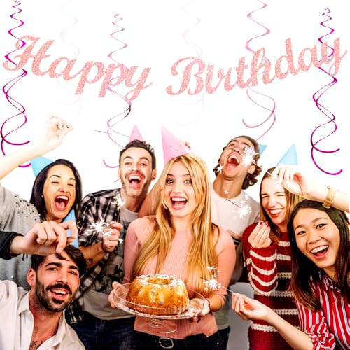 Image of Light Hot Pink Birthday Party-Decorations - 21pcs Girl Happy Banner,Paper Lanterns Honeycomb,Tissue Pom Poms Flower Fan,Hanging Streamers Garland,18th 21st 30th Women Birthday Decor Supplies Huglony