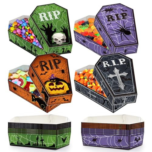 48 Pcs Halloween Party Paper Food Trays,Halloween Coffin Boxes, Disposable Coffin Bowl for Treat Candy Snack,Food Holder Serving Trays for Halloween Trick or Treat Party Supplies Decorations
