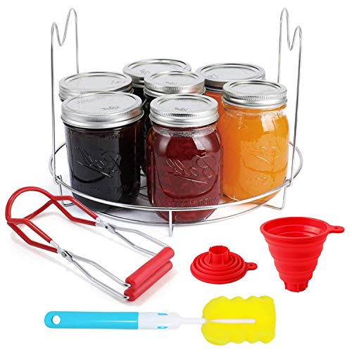 Canning Kits, Canning Essentials Set Includes 1 PC Canning Rack, 1 PC Canning Jar Lifter, 1 PC Food Grade Silicone Collapsible Canning Funnel and 1 PC Sponge Cleaning Brush for Wide and Regular Jars