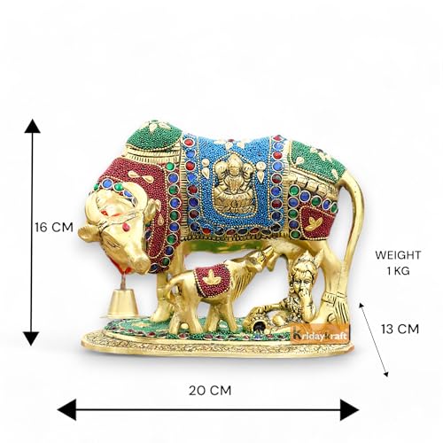 Image of KridayKraft Gold Plated Kamdhenu Cow with Calf Metal Statue for Good Luck Feng Shui & Vastu Showpiece As Table Top Religious Idol Gau MATA, 20 cm, 13 cm