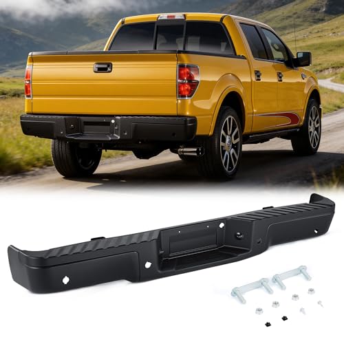 VRC Rear Bumper Assembly Compatible with 2009-2014 Ford F150 F-150 W/Sensor Holes Black Steel Back Bumpers with 2 License Plate Lights