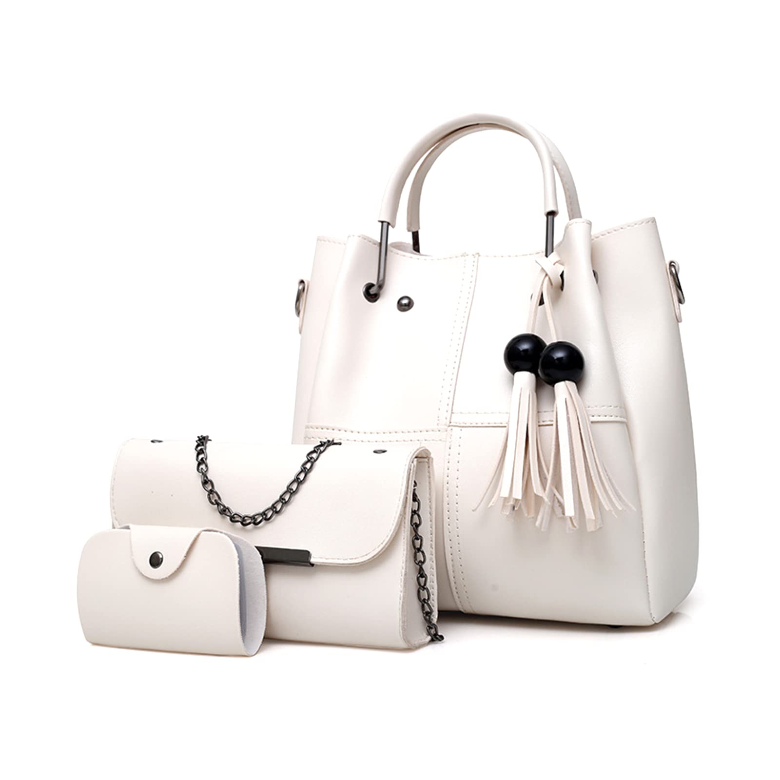 FANDARE Moda Borsa a Secchiello 3 Pezzi Set Borse a mano da donna Impermeabile Borse Tote da donna Borsa a mano con Frange PU Pelle Borsa a Tracolla con Catena per Shopping Viaggio Lavoro Bianco
