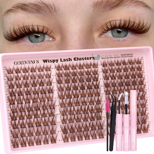 Image of Brown Wispy Eye Lash Clusters Kit Natural Cluster Eyelash Extensions Kit False Eyelash Clusters Fluffy DIY Individual Lash Extensions Kit C Curl