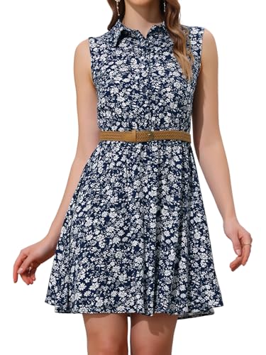 Image of Allegra K Women's Floral Printed Half Placket Above Knee Summer Sleeveless Belted Dress
