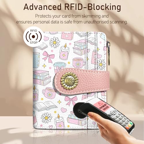 Image of Kelvoris Cute Book Lover Coffee Small Rfid Women Wallet Zipper Coin Pocket | Bifold PU Leather Compact Cash Credit Card Holder Travel Purse for Female Ladies Teen Girly Girls 1 ID Window 10 Card Slots
