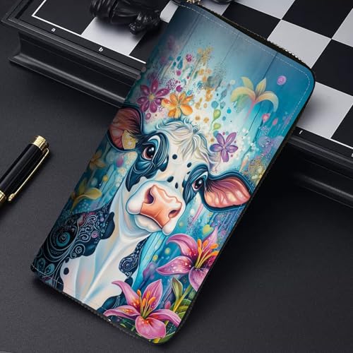 Image of RFID Blocking Leather Wallet for Women - Large Capacity Zip Around Clutch with 8 Card Slots,7 Cash Pockets & Coin Zipper,Watercolor Cow