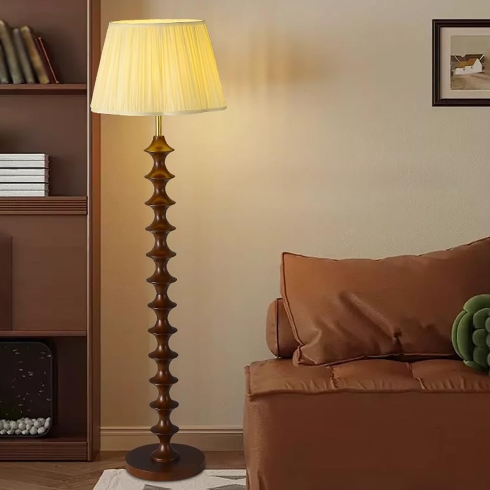 HGJHJJHK American 61" Wooden Floor Lamp Retro Linen Floor Light Walnut Tall Lamp with E26 Dimmable Fabric Standing Light for Living Room Sofa Area Meeting Room Bedroom Study