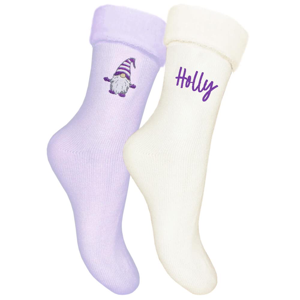 TeddyT's Ladies Personalised Gonk Gnome Thermal Bed Socks Gift Set (Lavender & Cream)