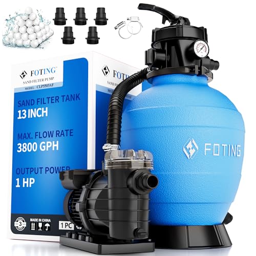 FOTING Sand Filter Pump for Above Ground Pool with Timer, Swimming Pumps System & Pool Sand Filter with 7-Way Valve, 13in, 1HP 3800GPH for Pools Up to 13000GAL