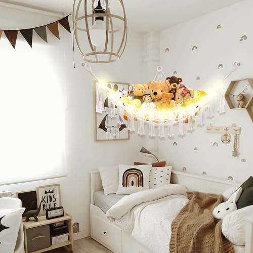 Image of CERETIA Stuffed Animal Hammock with LED Light, Large Stuffed Animals Storage Corner Plushie Net for Kids Room Decor, Jumbo White