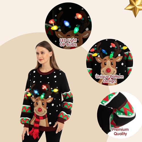 JOYIN Suéter feminino de Natal com iluminação LED, suéter feio de Natal de rena com lâmpadas, Preto