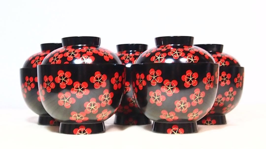 Amazon.co.jp: 京都 平安象彦 紅梅椀 5客 梅蒔絵 小吸物椀/汁椀