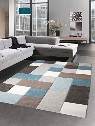CARPETIA Teppich Wohnzimmerteppich Kurzflor Karo Pastell türkis blau beige...