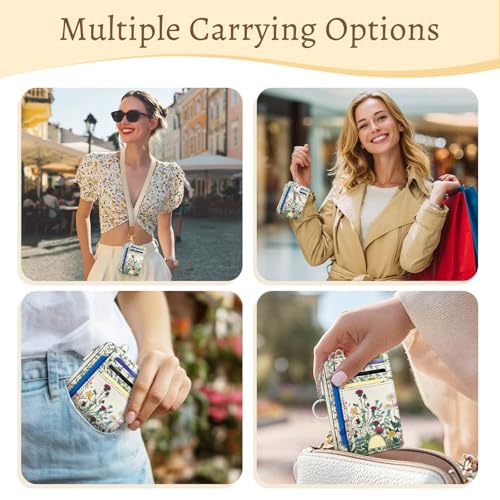 Image of Kelvoris Wildflower Credit Card Holder Small Wallet Women Flowers Slim RFID | Keychain, Zipper Coin Pocket, Front Pocket Thin Travel Card Case, Minimalist, 6 Card Slots, 1 ID Window, Ladies Gifts Woman