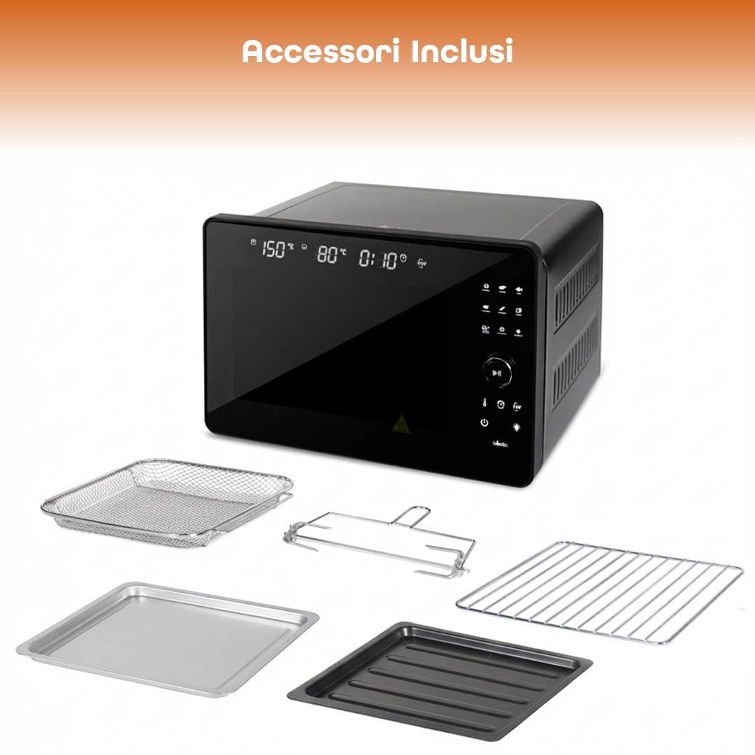 Forno Elettrico Multifunzione 22L 1900W, Tecnologia Riscaldamento 3D, Display LED Touch, 5 Livelli Verticali, Temperatura 40-220°C, Girarrosto Incluso, Nero
