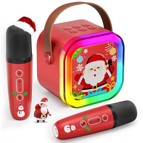 CscyyAmz Mini Karaoke Machine for Kids Girls & Boys - Portable Bluetooth Speaker with 2 Wireless Microphones - Kids Birthday Gifts for Ages 4-10 - Red
