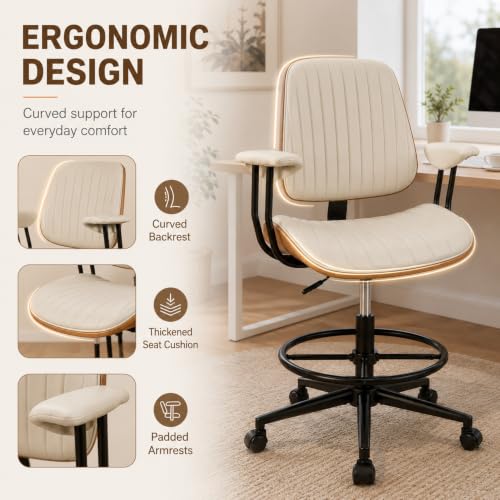 Image of Drafting Chair for Standing Desk, Arms Tall Office Chair with Bentwood Backrest, Adjustable Height, Footrest Ring and Swivel Seat, PU Leather (Ivory)