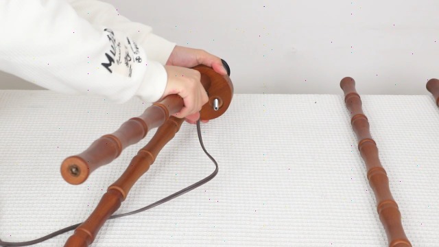 Image of LAMSU Solid Wood Tripod Floor Lamp with Shelf, Mid Century Bobbin Standing Lamp with Fabric Shade and Foot Switch, Retro Farmhouse Tall Corner Lamps for Living Room Bedroom Office Reading, Brown