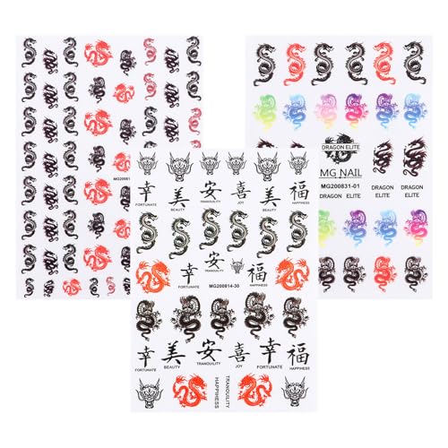 Zerodeko Pegatinas de Uñas Autoadhesivas de Dragón Coloridas 3 Piezas Calcomanías para Decoración de Uñas DIY Diseño sin Residuos para Manicura Femenina en Fiestas y Cosplay